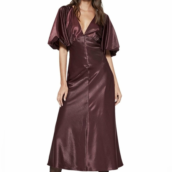 Bardot Everleigh Satin Midi Dress Burgundy - Picture 1 of 8